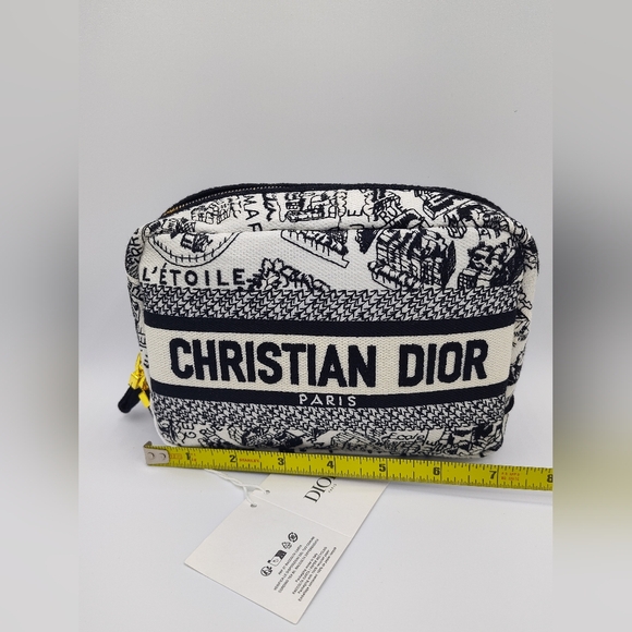 NWT NIB Christian Dior Paris Toile Canvas Cosmetic Pouch Black White Gold Zipper - Picture 4 of 6